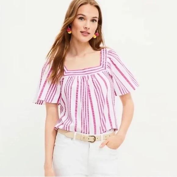 LOFT Square Neck Flutter Sleeve Pink Stripe Top Size M - Picture 1 of 3